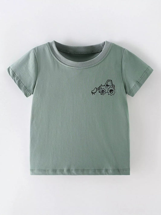 Children's Excavator Graphic Casual T-Shirt, Cotton-Poly Blend, Cartoon Design, Machine Washable - PBNJ FASHIONS