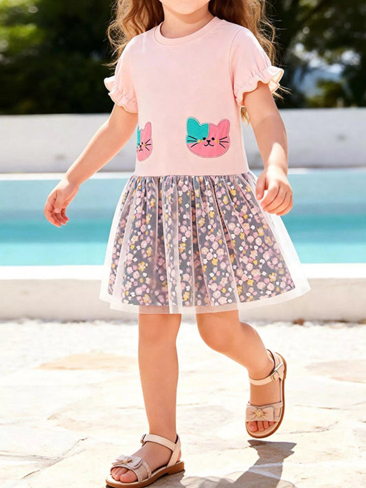 Children's Cat Embroidered Floral Tulle Dress - PBNJ FASHIONS