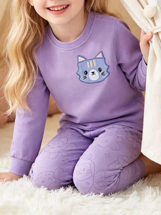 Children's Cat Round Neck Sweatshirt and Pants Set - PBNJ FASHIONS