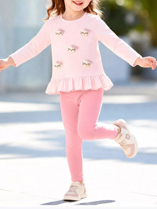 Children's Cat Ruffled Hem Top and Leggings Set - PBNJ FASHIONS