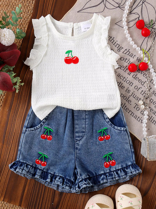 Children's Cherry Embroidered Top and Denim Shorts Set - PBNJ FASHIONS