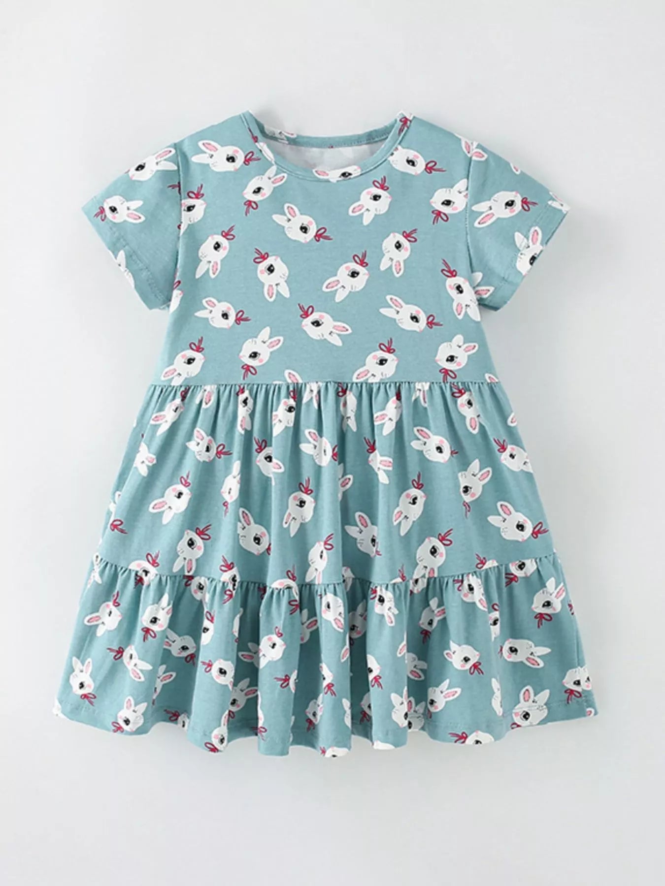 Children's Cute Bunny Print Tiered Ruffle Dress - PBNJ FASHIONS
