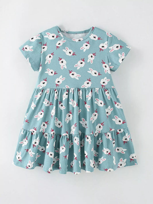 Children's Cute Bunny Print Tiered Ruffle Dress - PBNJ FASHIONS