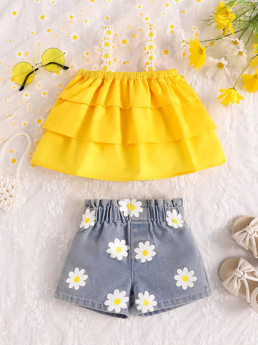Children's Daisy Print Cami and Denim Shorts Set - PBNJ FASHIONS