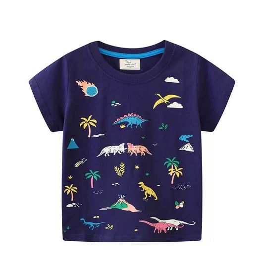 Children's Dino Print Cotton Tee - Soft & Breathable for All-Day Comfort! - Dark Navy-2T- - PBNJ FASHIONS