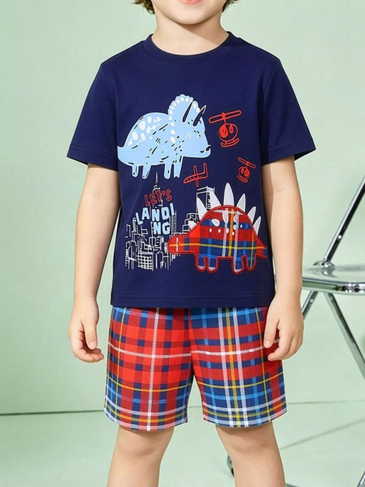 Children's Dinosaur Graphic Tee and Plaid Shorts Set - PBNJ FASHIONS