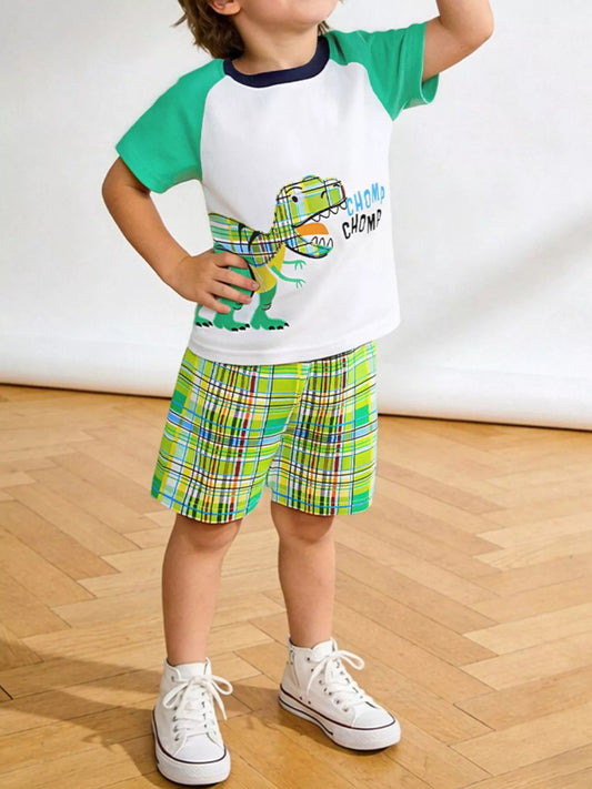 Children's Dinosaur Print T-Shirt & Plaid Shorts Set - PBNJ FASHIONS