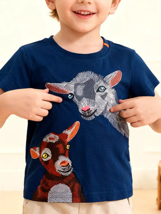 Children's Embroidered Goat Round Neck Tee - PBNJ FASHIONS