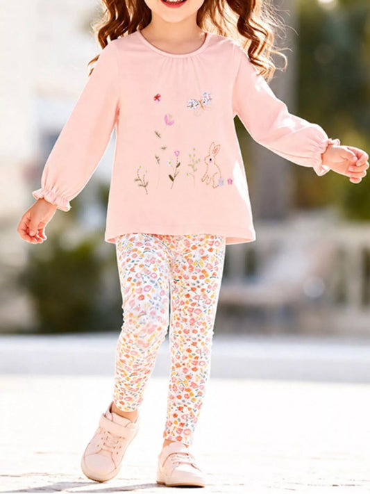 Children‘s Embroidered Long Sleeve Top and Floral Leggings Set - PBNJ FASHIONS