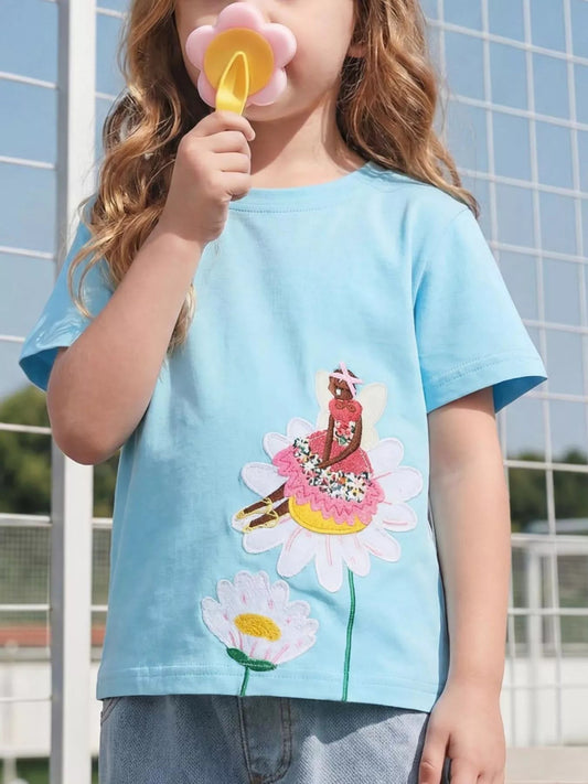 Children's Fairy and Flower Embroidered Short Sleeve T-Shirt - PBNJ FASHIONS