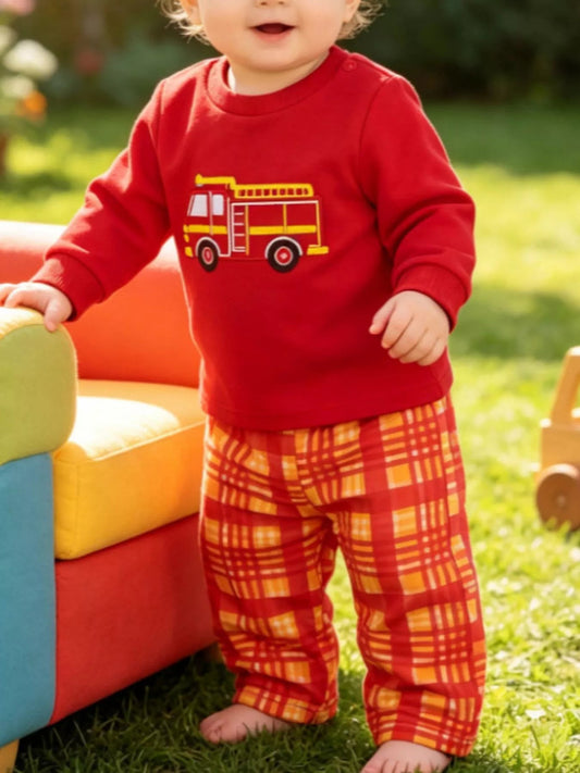 Children's Fire Truck Embroidered Top and Pants Set - PBNJ FASHIONS