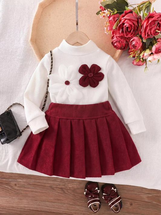 Children's Floral Applique Mock Neck Top and Pleated Skirt Set - PBNJ FASHIONS