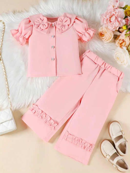Children's Floral Decor Ruffle Trim Top & Pants Set - PBNJ FASHIONS