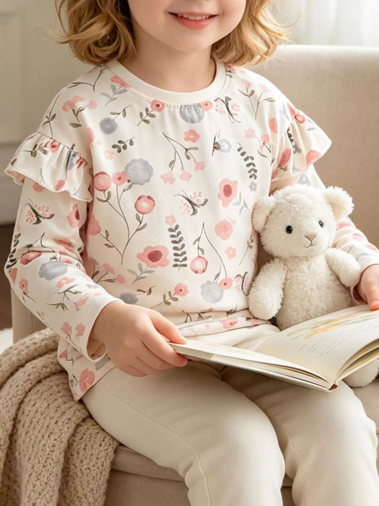 Children's Floral Print Ruffle-Sleeve Crew Neck Sweatshirt - PBNJ FASHIONS