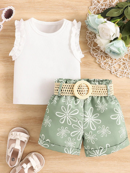 Children's Frill Sleeveless Top and Belt Shorts Set - PBNJ FASHIONS