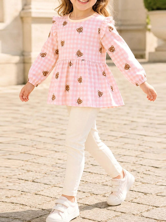 Children's Gingham Bear Print Peplum Top and Leggings Set - PBNJ FASHIONS