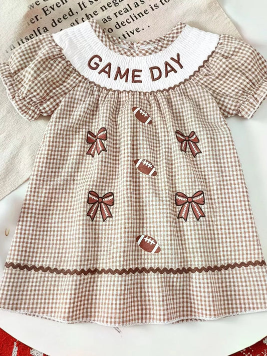 Children's Gingham Football Puff Sleeve Dress - PBNJ FASHIONS