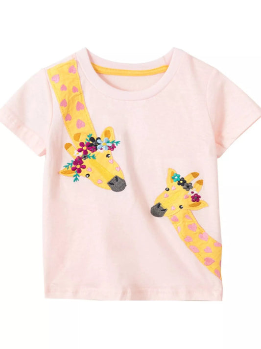 Children's Giraffe Embroidered T-Shirt with Floral Accents - PBNJ FASHIONS