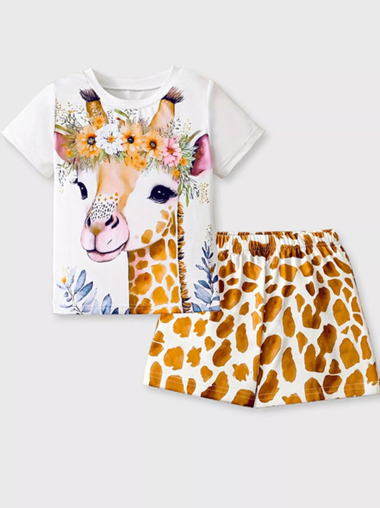 Children's Giraffe Floral Crown Print Tee and Shorts Pajama Set - PBNJ FASHIONS