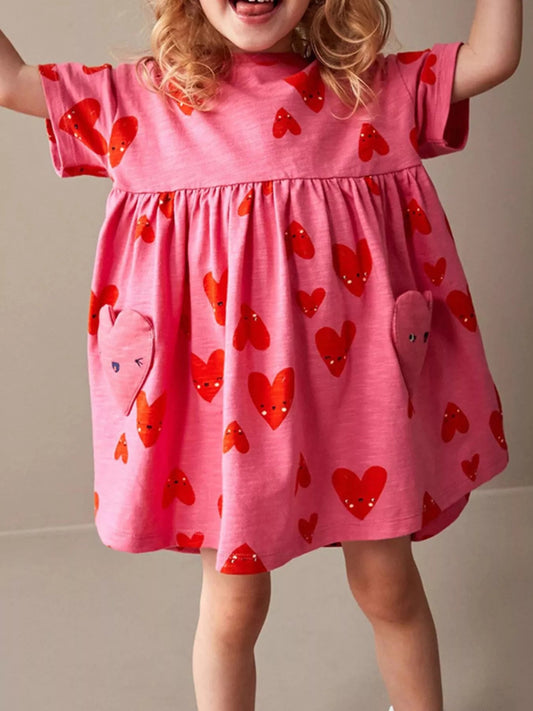 Children's Heart Print Pocket Detail Casual Dress - PBNJ FASHIONS