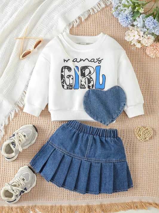 Children's Letter Long Sleeve Top and Denim Skirt Set with Heart Bag - PBNJ FASHIONS