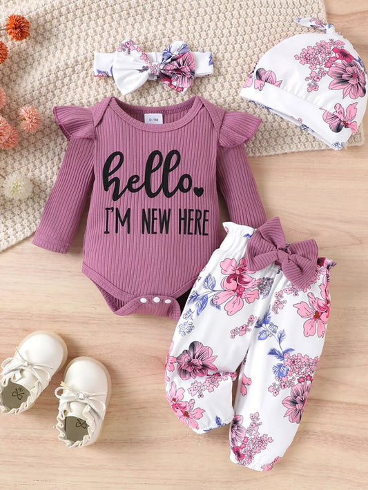 Children's Letter Ribbed Bodysuit and Pants Set with Headband & Hat - PBNJ FASHIONS