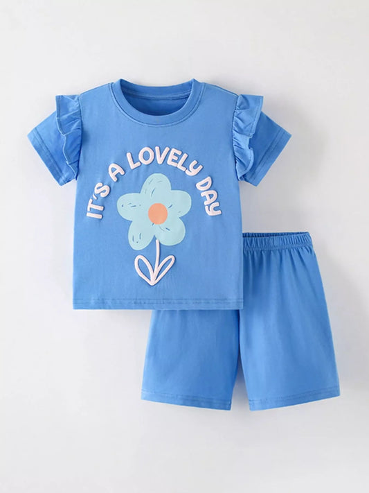 Children's Lovely Day Flower Print Ruffle Sleeve Top and Shorts Set - PBNJ FASHIONS