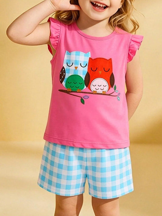 Children's Owl Graphic Top and Plaid Shorts Set - PBNJ FASHIONS