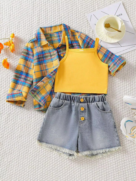 Children's Plaid Shirt & Tank Top & Denim Shorts Set - PBNJ FASHIONS
