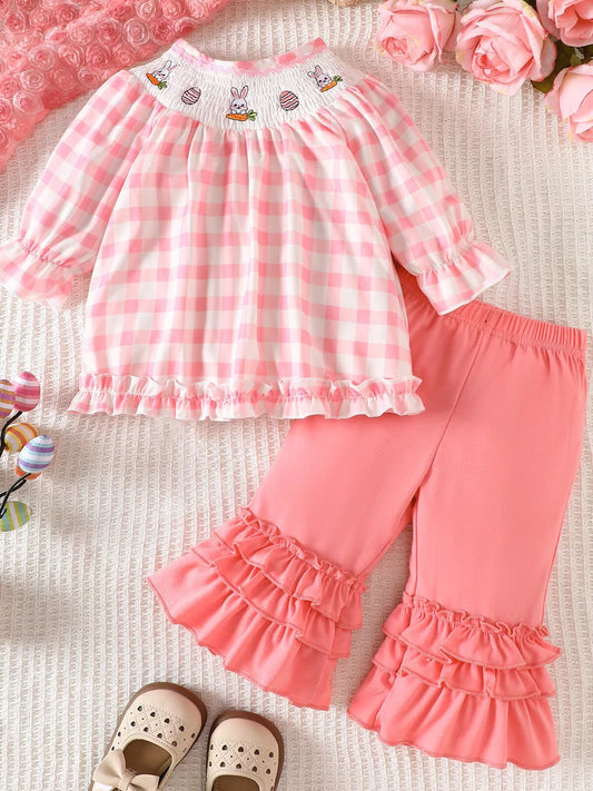 Children's Plaid Smocked Long Sleeve Top and Pants Set - PBNJ FASHIONS