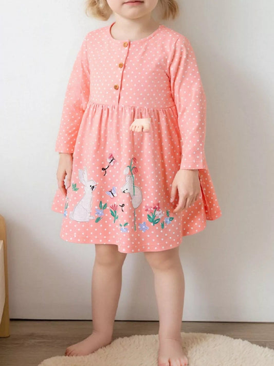 Children's Polka Dot Bunny Long Sleeve Dress - PBNJ FASHIONS