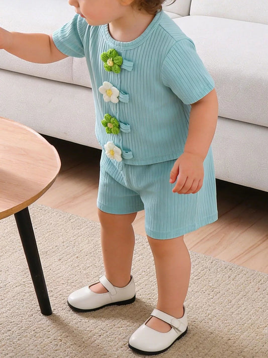 Children's Ribbed Knit Flower Top and Shorts Set - PBNJ FASHIONS