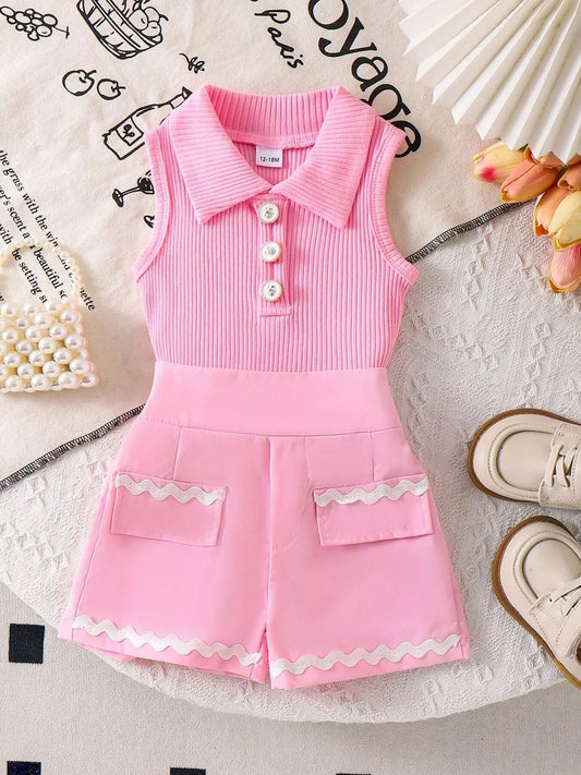 Children's Ribbed Knit Polo Top and Scalloped Pocket Shorts Set - PBNJ FASHIONS