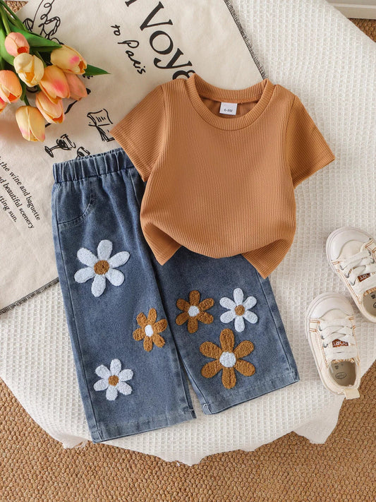 Children's Round Neck Top and Flower Jeans Set - PBNJ FASHIONS