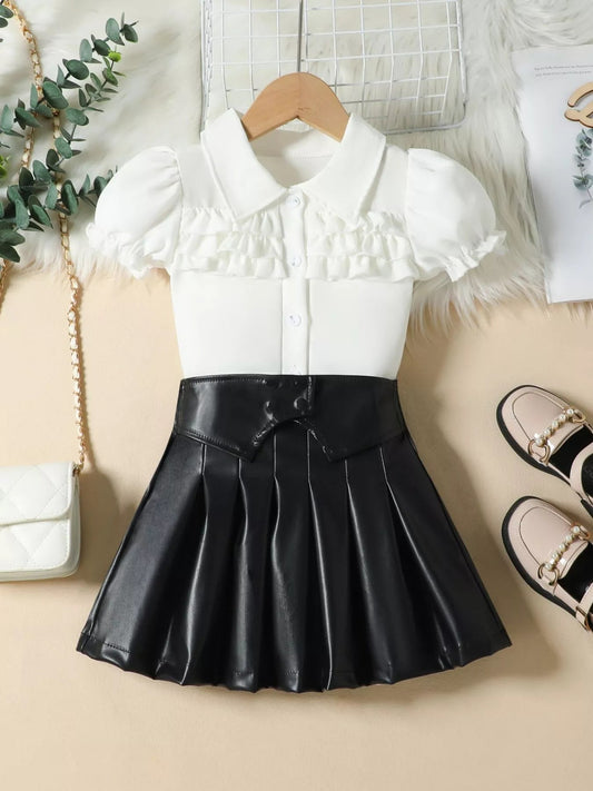 Children's Ruffle Trim Puff Sleeve Top & Pleated Skirt Set - PBNJ FASHIONS