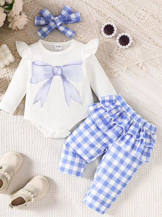 Children's Ruffled Bow Graphic Bodysuit and Pants Set with Headband - PBNJ FASHIONS