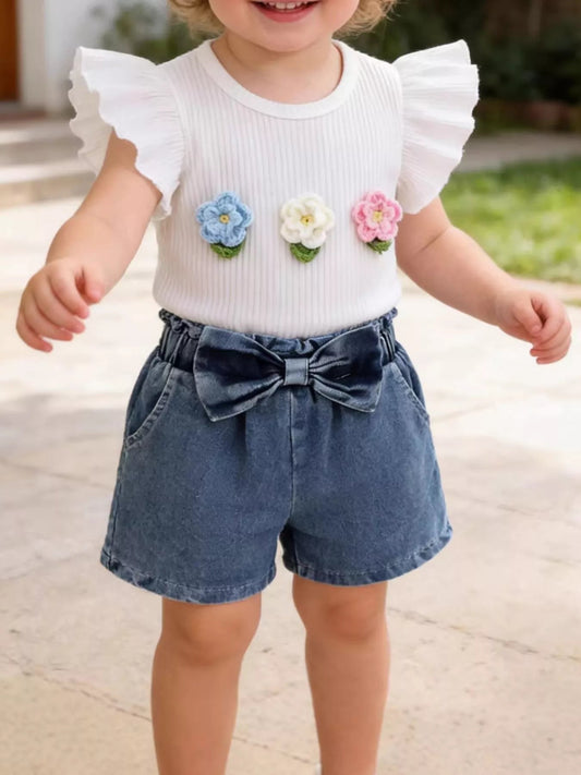 Children's Ruffled Flower Top and Denim Shorts Set - PBNJ FASHIONS