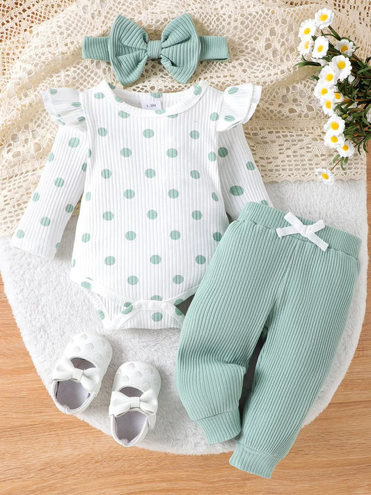 Children's Ruffled Polka Dot Bodysuit and Pants Set with Headband - PBNJ FASHIONS