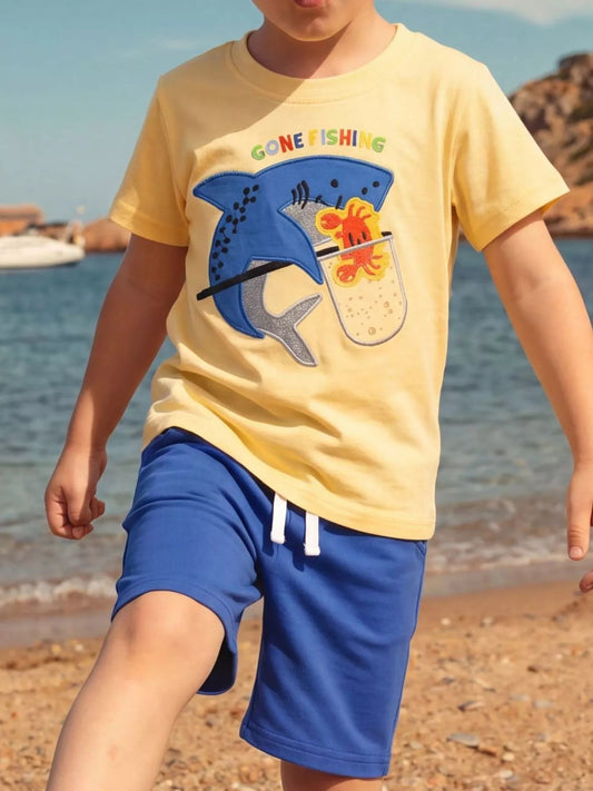 Children's Shark Embroidered Round Neck Tee and Shorts Set - PBNJ FASHIONS