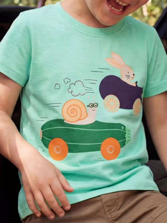 Children's Snail and Bunny Race Graphic Short Sleeve T-Shirt - PBNJ FASHIONS
