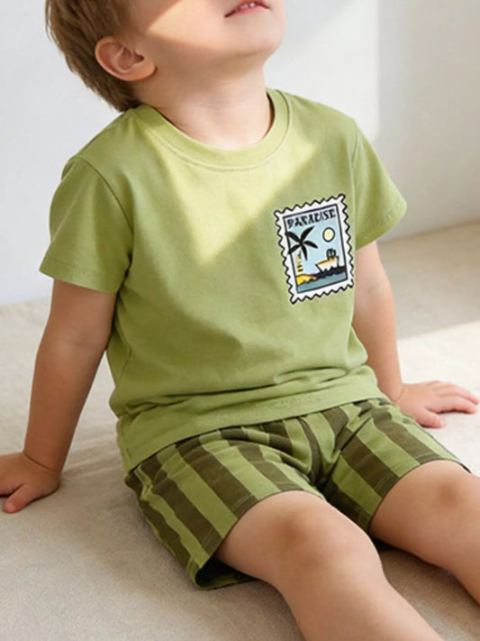 Children's Stamp Graphic Tee & Striped Shorts Set - PBNJ FASHIONS
