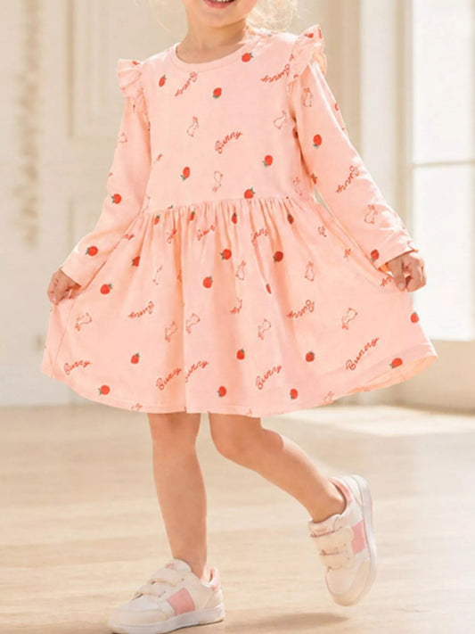 Children's Strawberry and Bunny Print Ruffled Long-Sleeve A-Line Dress - PBNJ FASHIONS