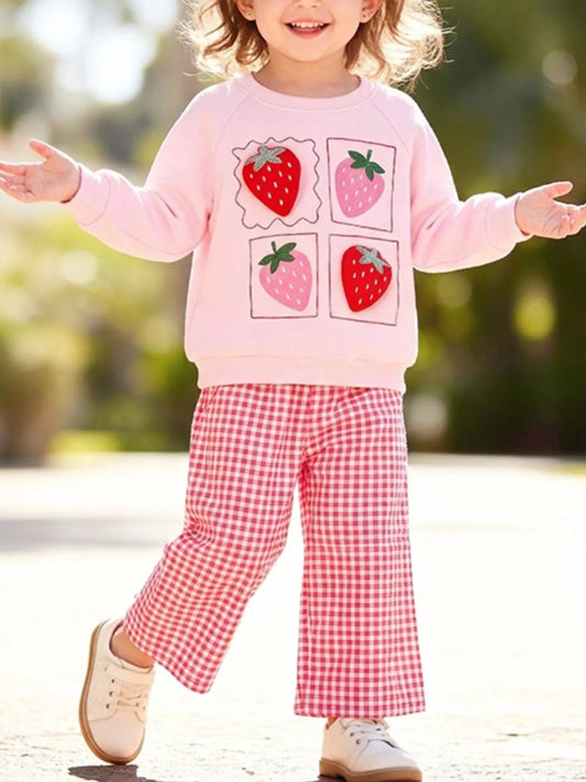 Children's Strawberry Graphic Sweatshirt and Gingham Pants Set - PBNJ FASHIONS