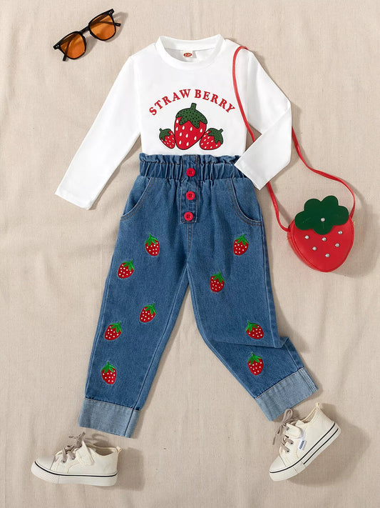 Children's Strawberry Long Sleeve Top and Jeans Set - PBNJ FASHIONS