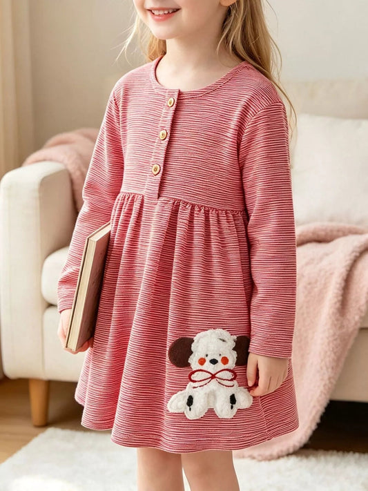 Children's Striped Long-Sleeve Casual Dress with Puppy Applique - PBNJ FASHIONS