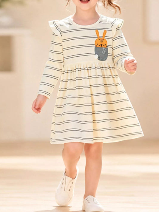 Children's Striped Long-Sleeve Dress with Rabbit Pocket Detail - PBNJ FASHIONS