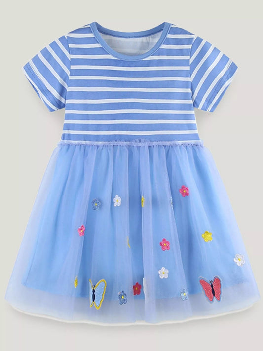 Children's Striped Tulle Dress with Butterfly and Flower Appliques - PBNJ FASHIONS