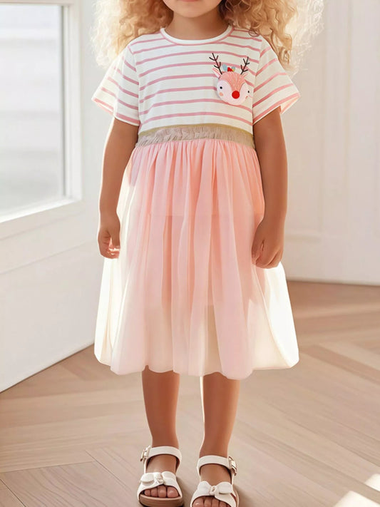Children's Striped Tulle Dress with Reindeer Applique - PBNJ FASHIONS