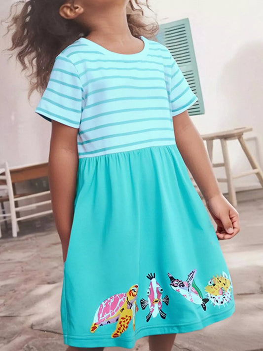 Children's Striped Turtle and Fish Embroidered Dress - PBNJ FASHIONS