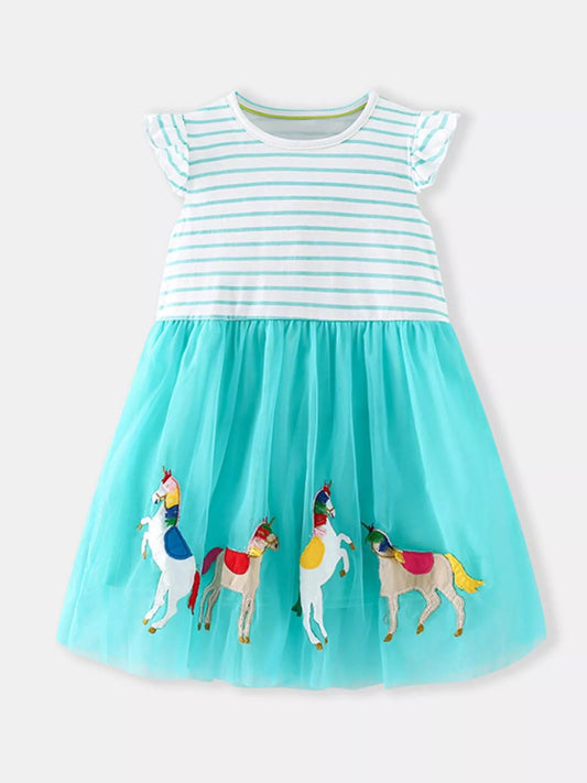 Children's Striped Unicorn Embroidered Tulle Dress - PBNJ FASHIONS